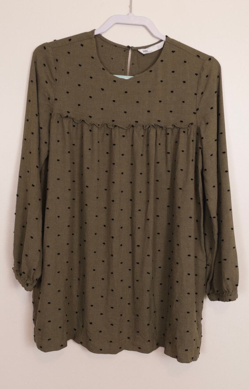 Zara Sage Green Polka Dot Twee Tunic Top or Baby Doll Dress Size Large